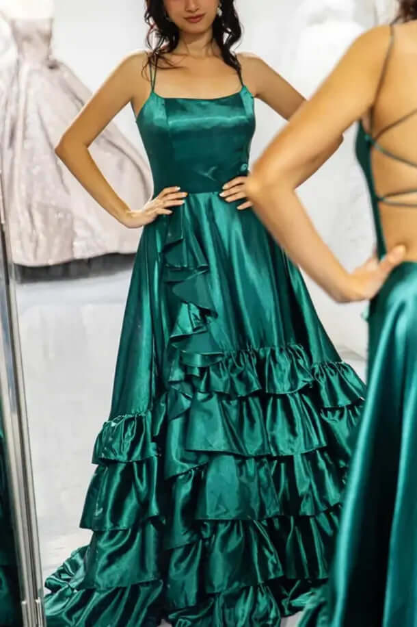 Straps Ruffle Long Formal Dress A-line Layered Prom Dresses Open Back