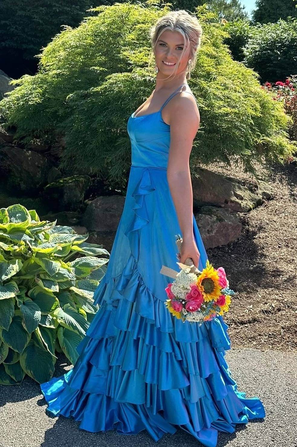 Straps Ruffle Long Formal Dress A-line Layered Prom Dresses Open Back