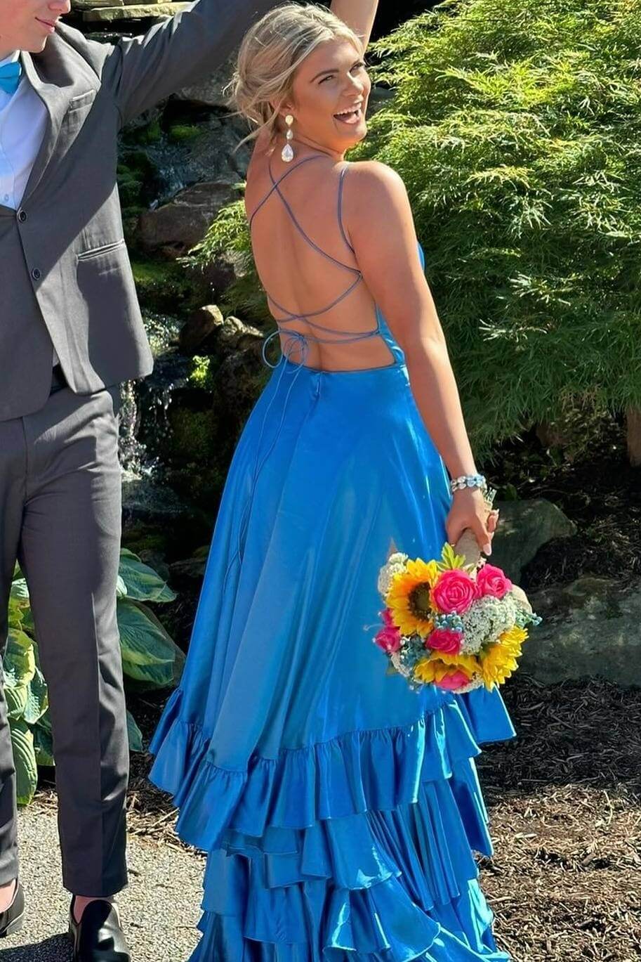Straps Ruffle Long Formal Dress A-line Layered Prom Dresses Open Back