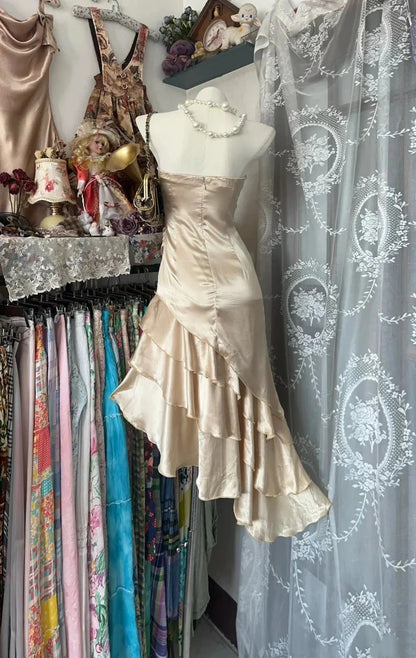 Champagne Short Ruffle Satin Homecoming Dress Birthday Dress Asymmetric