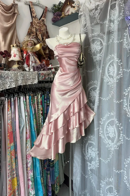 Champagne Short Ruffle Satin Homecoming Dress Birthday Dress Asymmetric