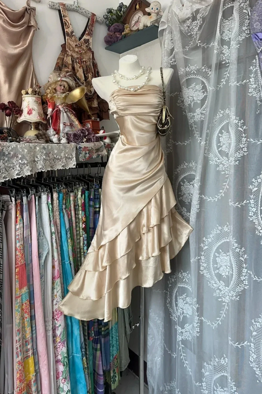 Champagne Short Ruffle Satin Short Formal Dress Birthday Dresses