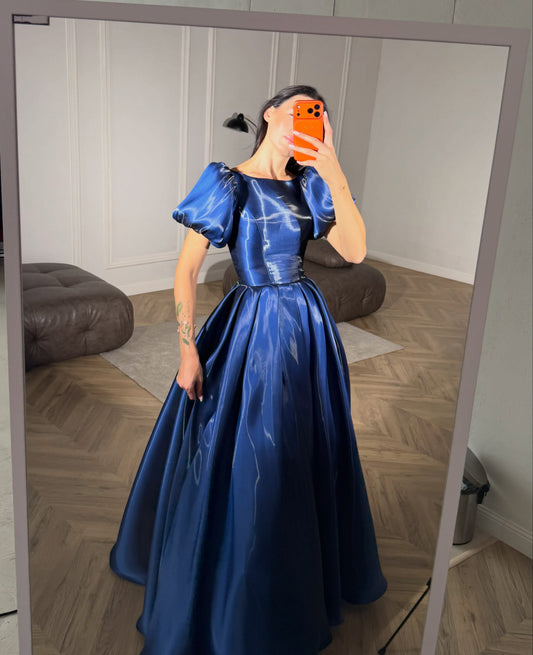 Glossy Royal Blue Evening Gown Puff Sleeves Formal Dress