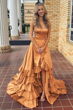 Strapless A Line Lace-Up Ruffled Tiered Prom Dress with Slit