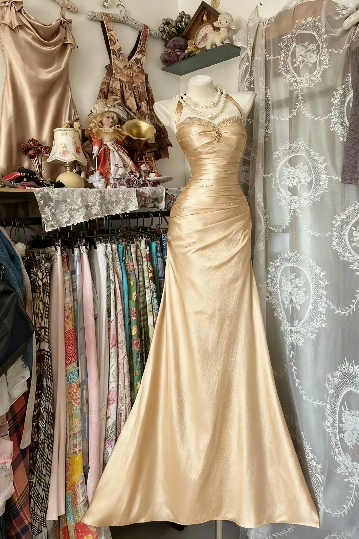 Vintage Halter Mermaid Long Prom Dresses Beaded Satin Blue Evening Dress Birthday Gown