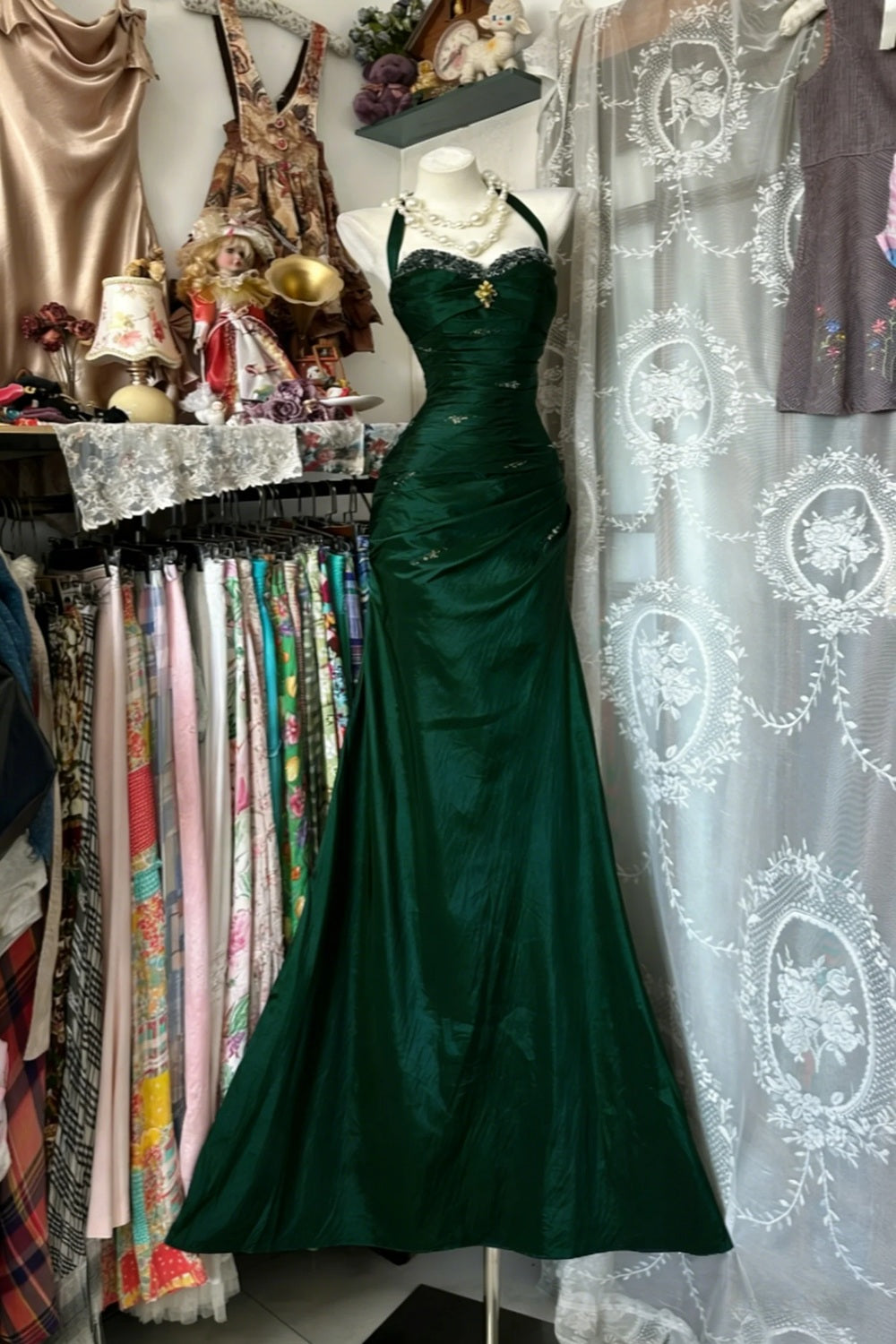 Vintage Halter Mermaid Long Prom Dresses Beaded Satin Blue Evening Dress Birthday Gown