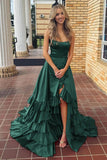 Strapless A Line Lace-Up Ruffled Tiered Prom Dress with Slit