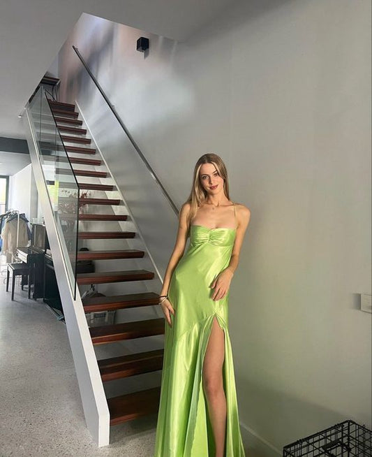 green prom dress with slit