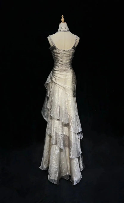 Unique Long Prom Dresses Ruffle Mermaid Formal Evening Gowns