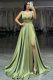 Princess Satin Prom Dresses Side Split V Neck Formal Evening Dress Long