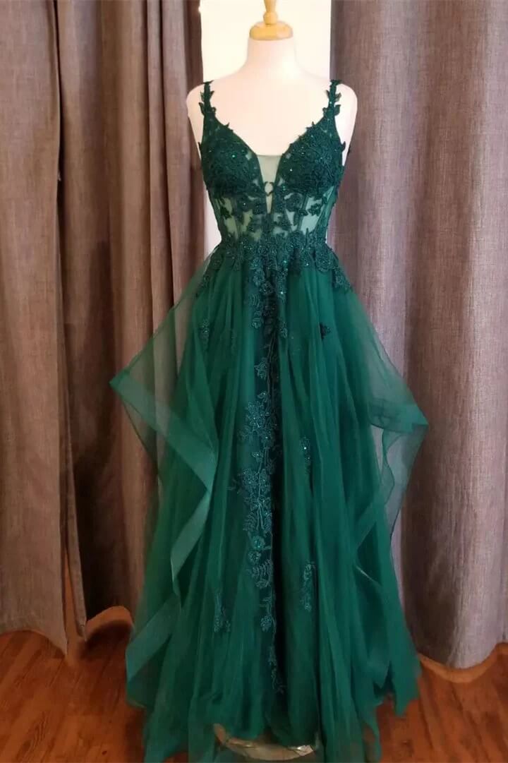 Elegant Green Prom Dress Long Flowy A-line Evening Gowns