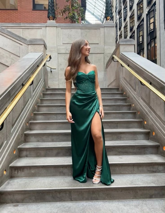 Green Strapless Long Formal Dress Satin Evening Dresses with Slit