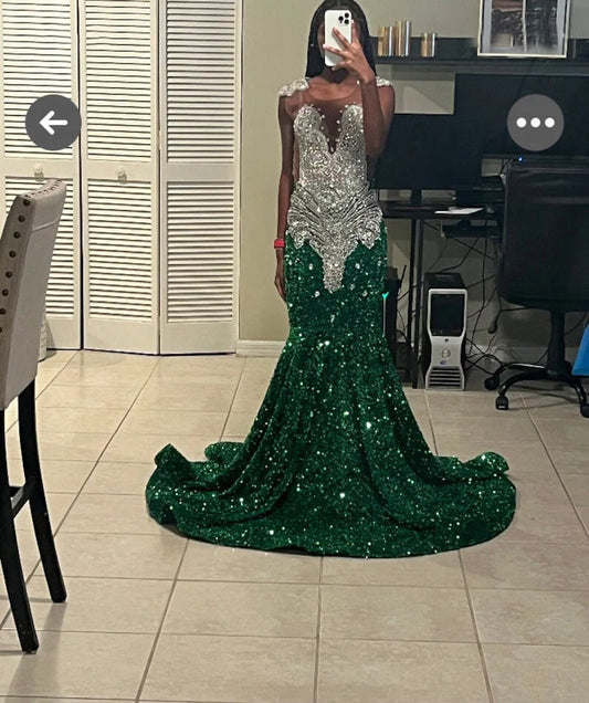 Luxury Green Sequin Prom Dresses with Silver Crystal Mermaid Birthday Gown