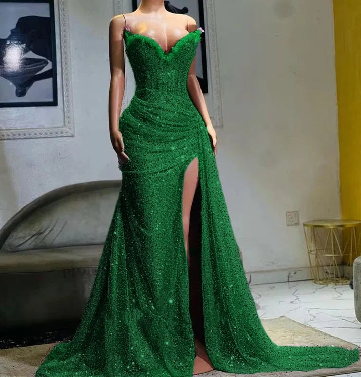 Purple High Split Evening Dresses Sequin Mermaid Prom Dress Long