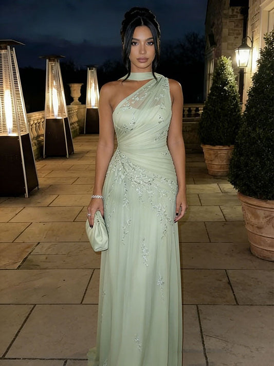 Light Green One Shoulder Fitted Formal Evening Gown with Intricate Embroidery