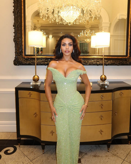 Green Off-the-shoulder Sequin Mermaid Gown Corset Bodice