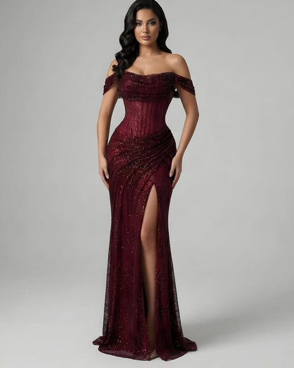 Sparkly High Thigh Slit Burgundy Prom Dress