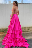 Strapless A Line Lace-Up Ruffled Tiered Prom Dress with Slit