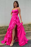 Strapless A Line Lace-Up Ruffled Tiered Prom Dress with Slit