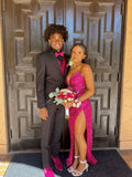 Classy Hot Pink Sequin Prom Dress High Slit Graduation Dresses