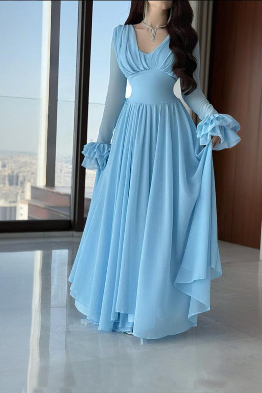 Ice Blue Long Sleeves Formal Dress Chiffon Wedding Guest Dresses