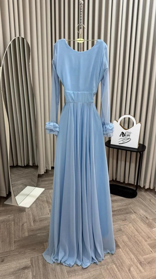 Ice Blue Long Sleeves Formal Dress Chiffon Wedding Guest Dresses