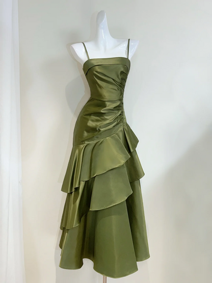 Elegant Green Long Prom Dress Ruffle Evening Gowns Open Back