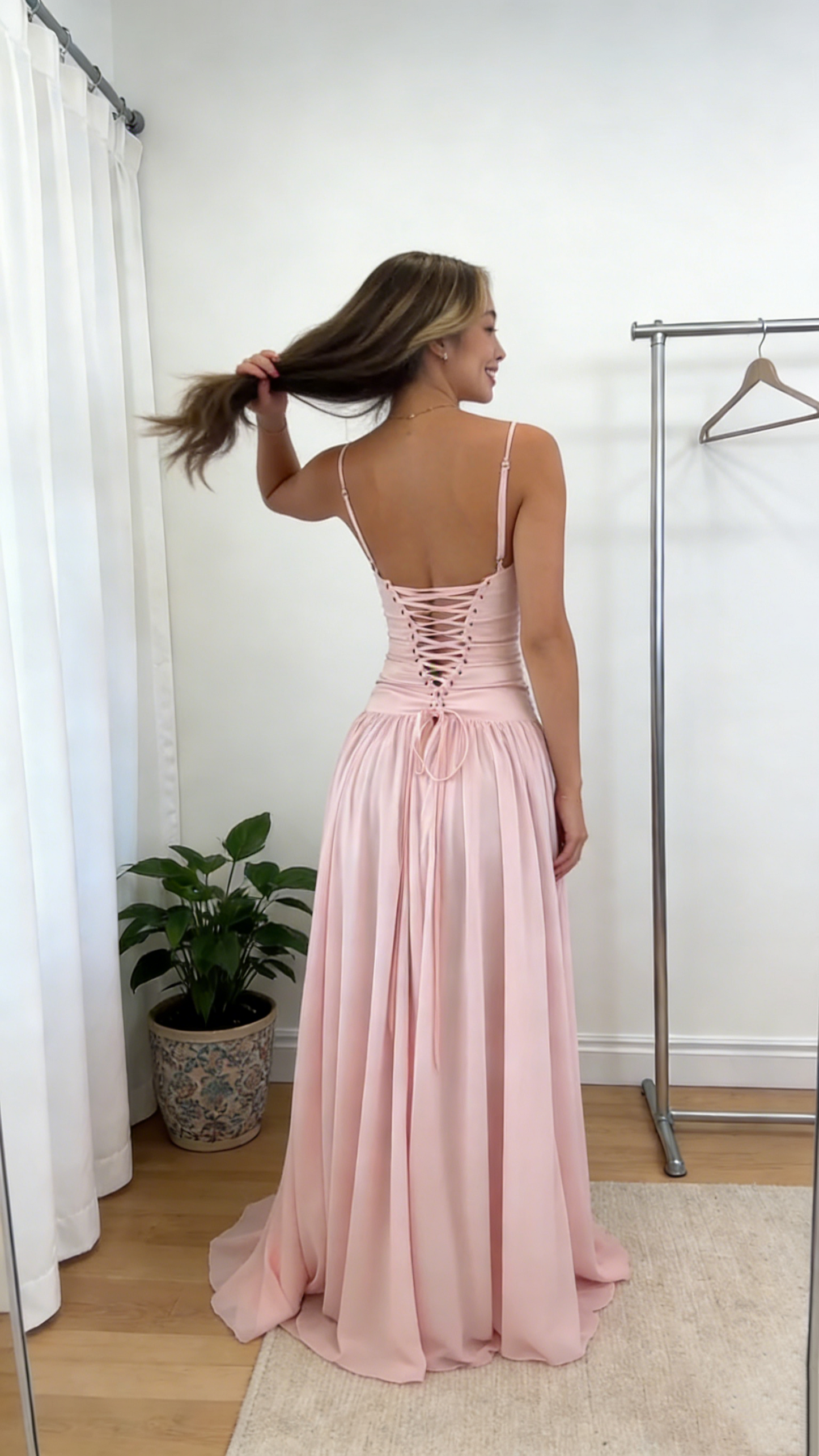 A Line Pink Satin Long Prom Dress Corset Back Formal Graduation Dresses