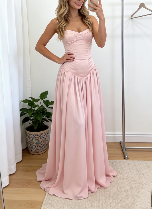 A Line Pink Satin Long Prom Dress Corset Back Formal Graduation Dresses