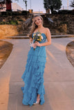 Elegant Lace and Chiffon Ruffle Long Prom Dress A Line