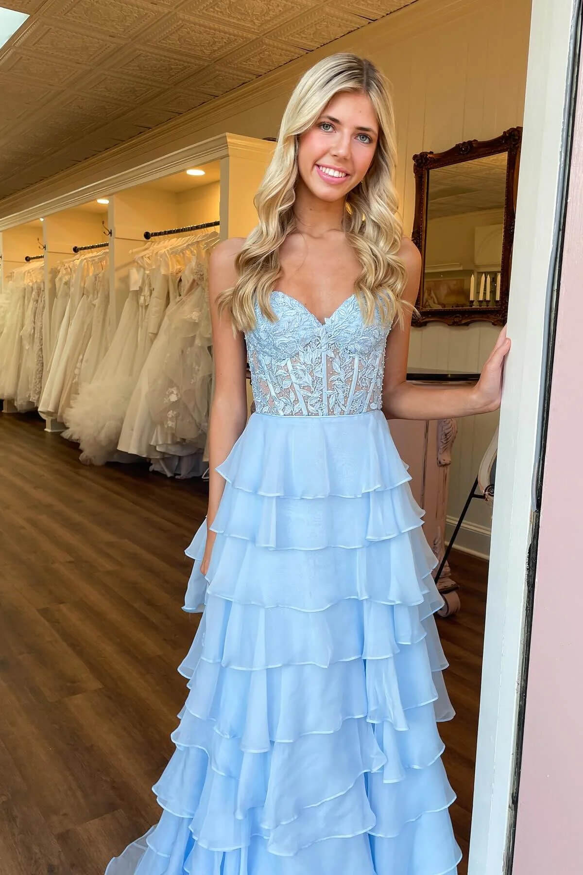 Fancy Yellow Prom Dress Tiered Chiffon Ball Dresses Long