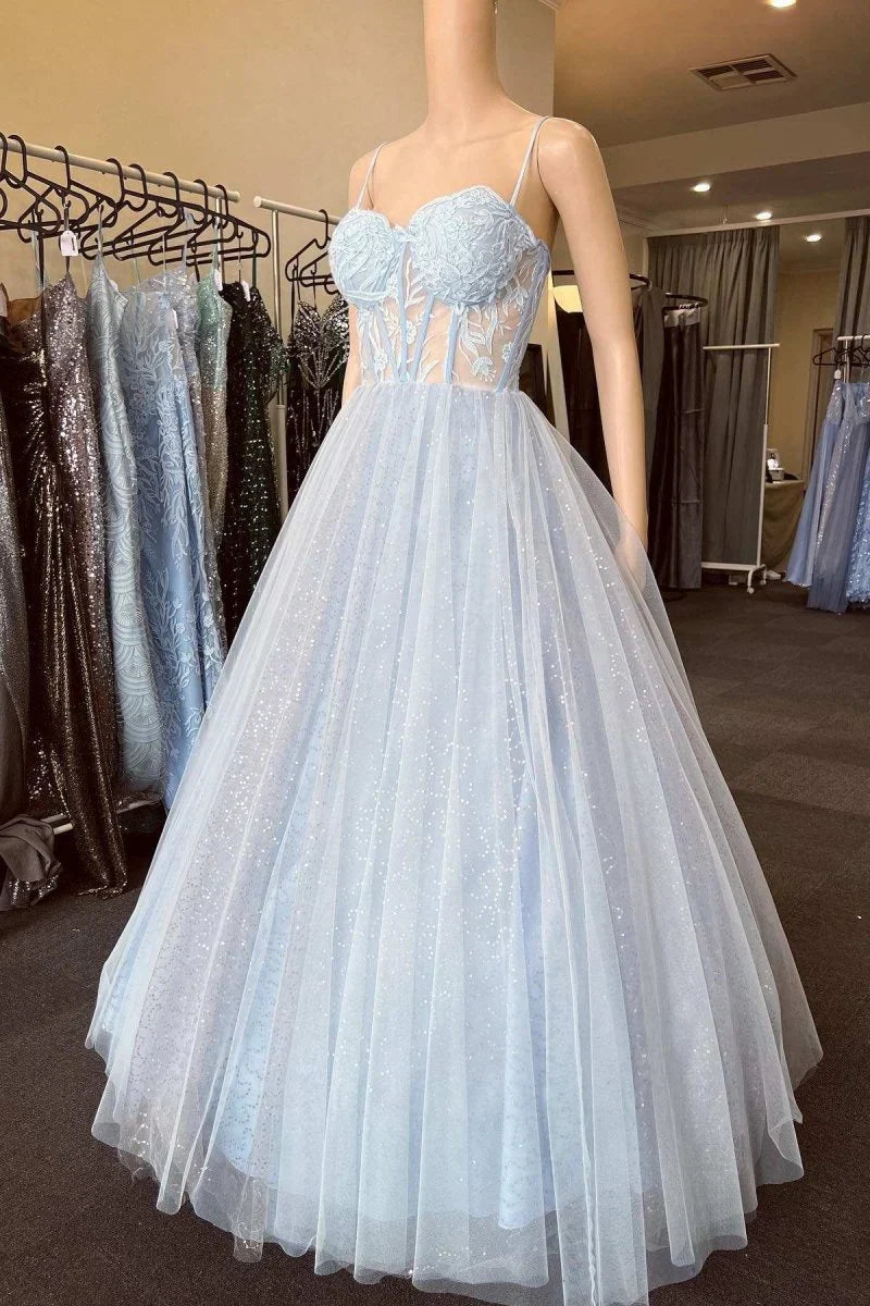 Light Blue Floral Prom Dress Corset Tulle A-Line Formal Gown jkprom Light Blue Floral Prom Dress Corset Tulle A-Line Formal Gown jkprom