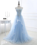 Light Blue Evening Party Dress Ruffled Tulle Long Prom Gown