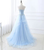 Light Blue Evening Party Dress Ruffled Tulle Long Prom Gown
