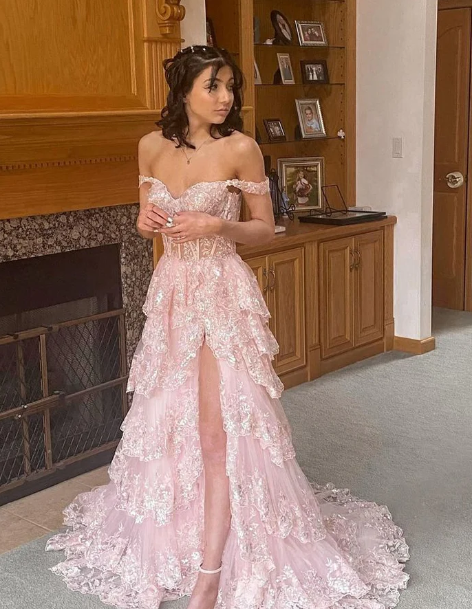Princess Pink Prom Dress with Train,Long Formal Dresses Graduation – jkprom