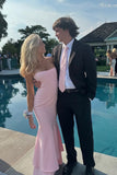 Fancy Mermaid Straps Light Pink Long Prom Dresses Gala Dress Formal