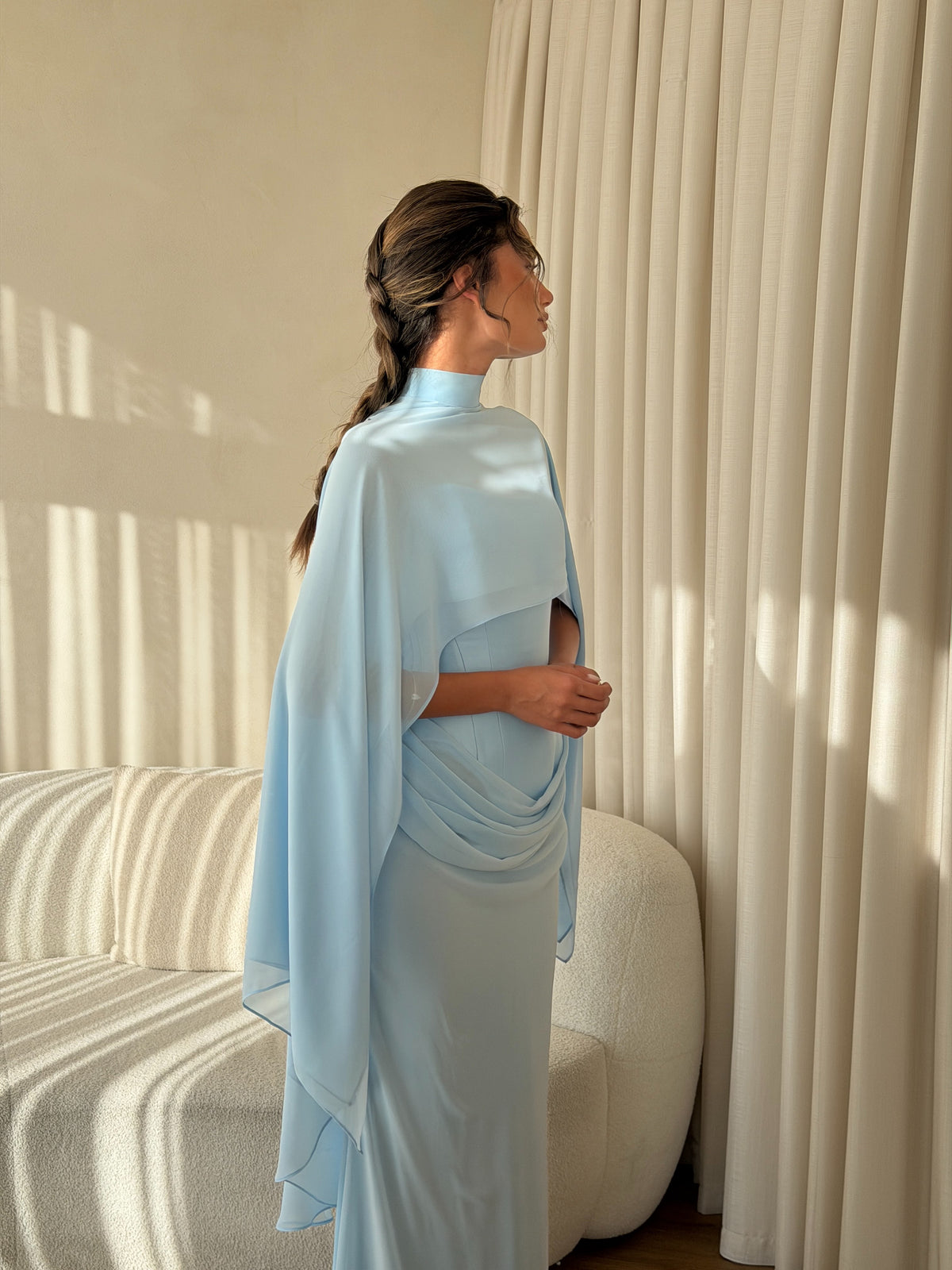 Light Blue High-neck Maxi Dress Draped Bodice Sheer Cape Overlay Long Dresses