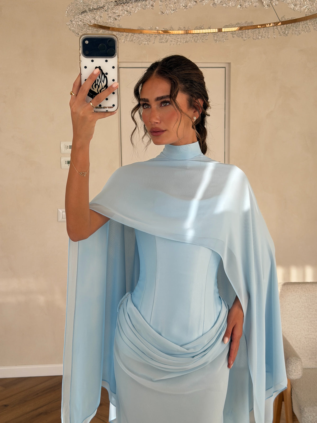 Light Blue High-neck Maxi Dress Draped Bodice Sheer Cape Overlay Long Dresses