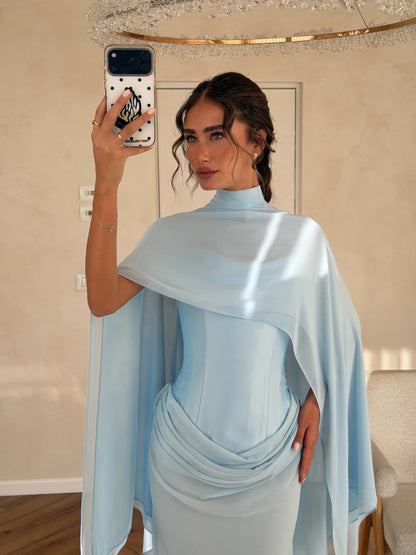 Light Blue High-neck Maxi Dress Draped Bodice Sheer Cape Overlay Long Dresses