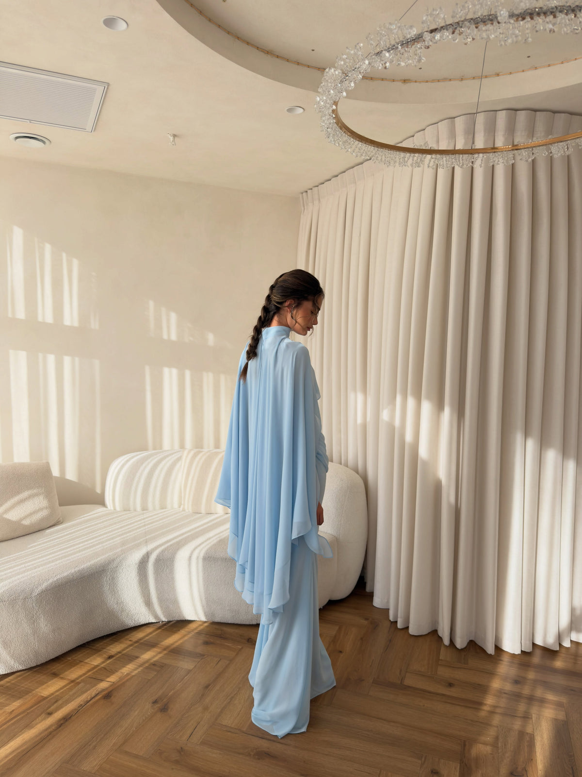 Light Blue High-neck Maxi Dress Draped Bodice Sheer Cape Overlay Long Dresses