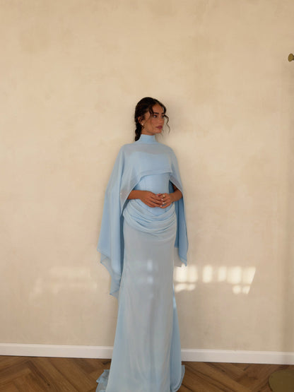 Light Blue High-neck Maxi Dress Draped Bodice Sheer Cape Overlay Long Dresses