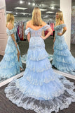 Red Sequin Tiered Mermaid Long Dress Slit Prom Dresses