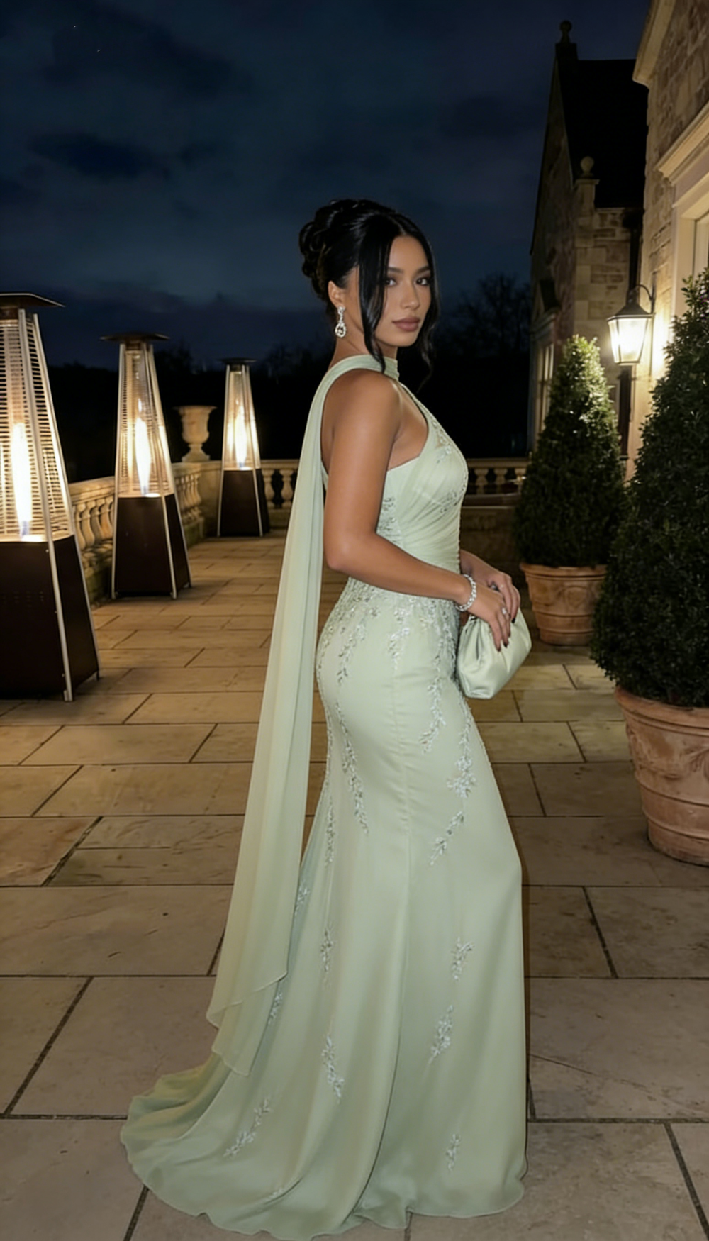Light Green One Shoulder Fitted Formal Evening Gown with Intricate Embroidery
