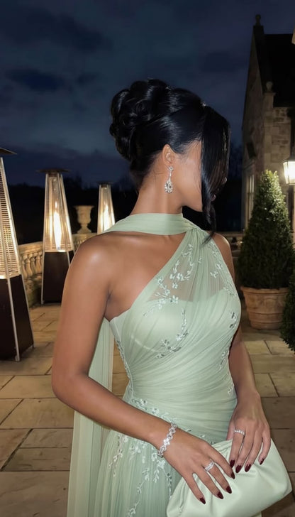 Light Green One Shoulder Fitted Formal Evening Gown with Intricate Embroidery