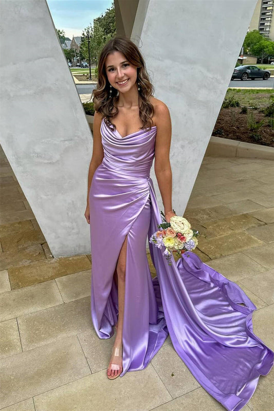 Lilac Prom Dress V Neck Ruched Fitted Formal Gown with Train