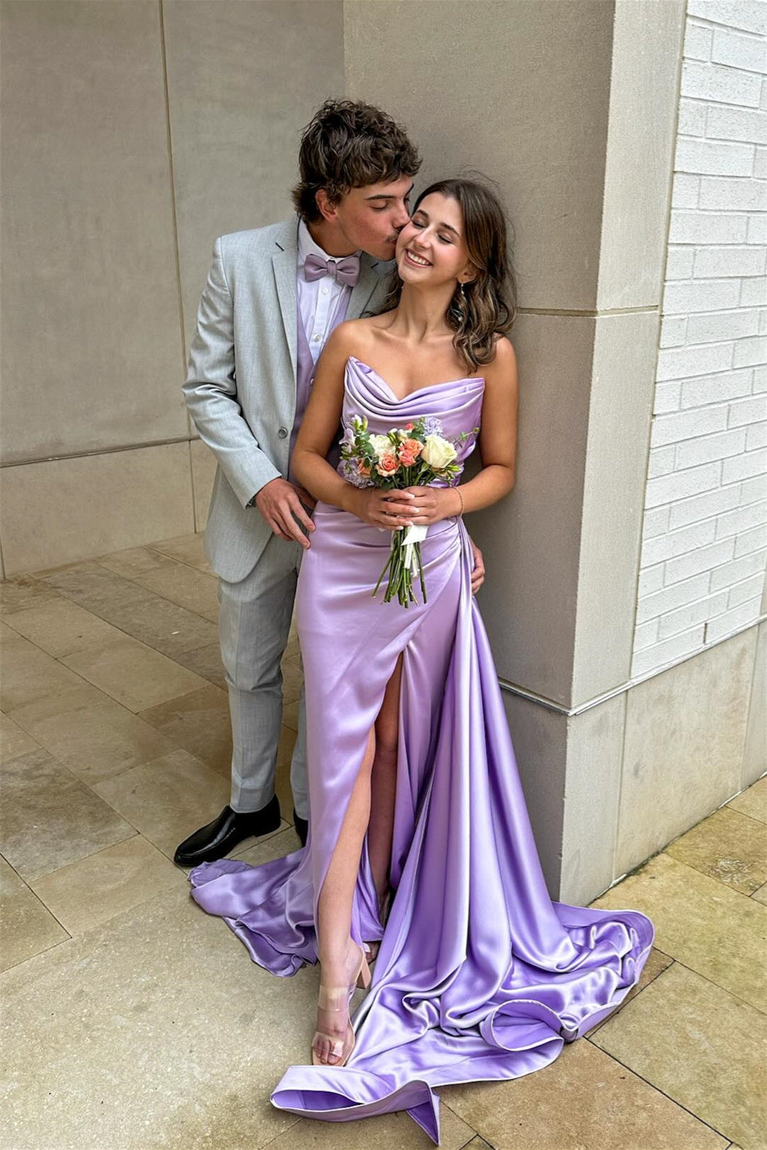 Lilac Prom Dress V Neck Ruched Fitted Formal Gown with Train jkprom Lilac Prom Dress V Neck Ruched Fitted Formal Gown with Train jkprom