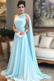 Sky Blue One Shoulder Train A-line Prom Evening Dress