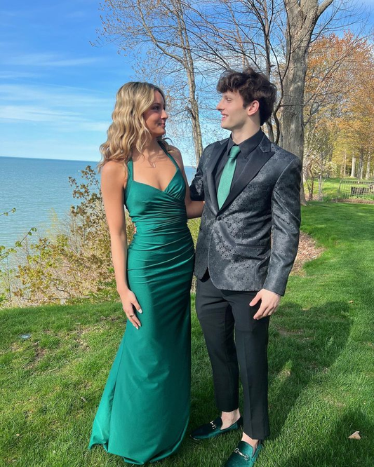 Green Halter Sheath Long Prom Dress for Graduation Evening Gown