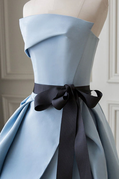 Blue Satin Long Prom Dress High Slit Wedding Party Gown