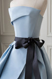 Blue Satin Long Prom Dress High Slit Wedding Party Gown